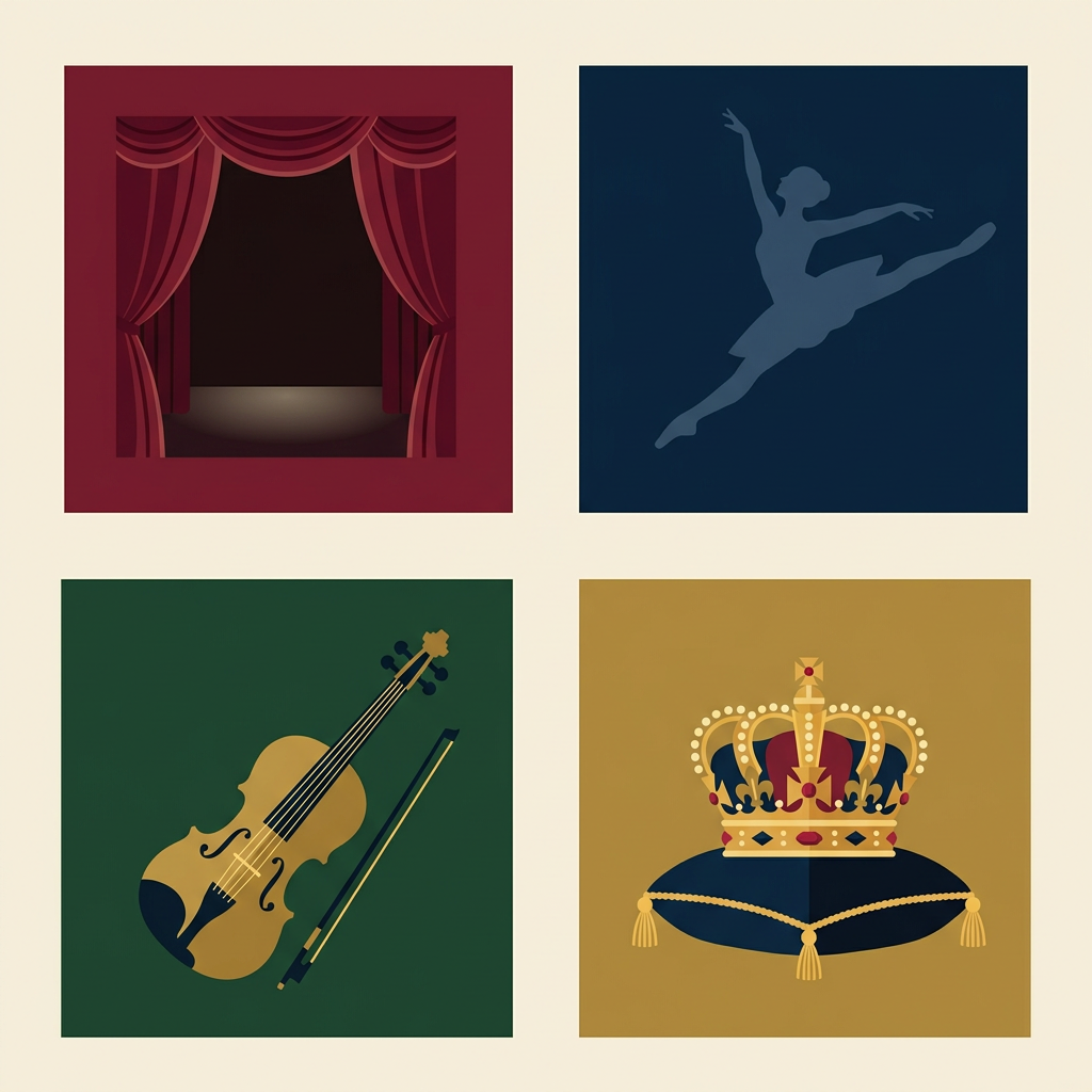 Illustrated poster artwork representing four opera and ballet excerpts: a theater curtain, a leaping ballet dancer, a violin, and a crown on a cushion