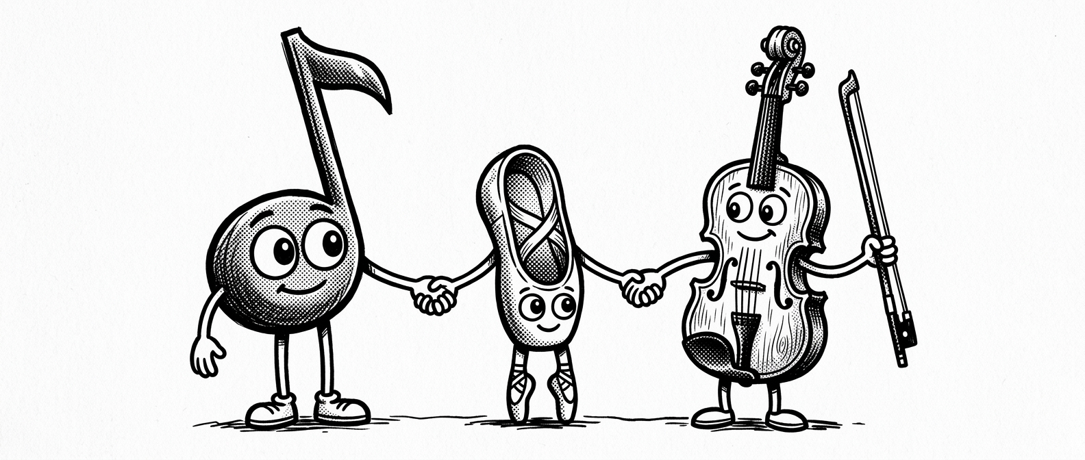 Illustrated musical note, ballet shoe and violin character holding hands, drawn in black ink halftone style