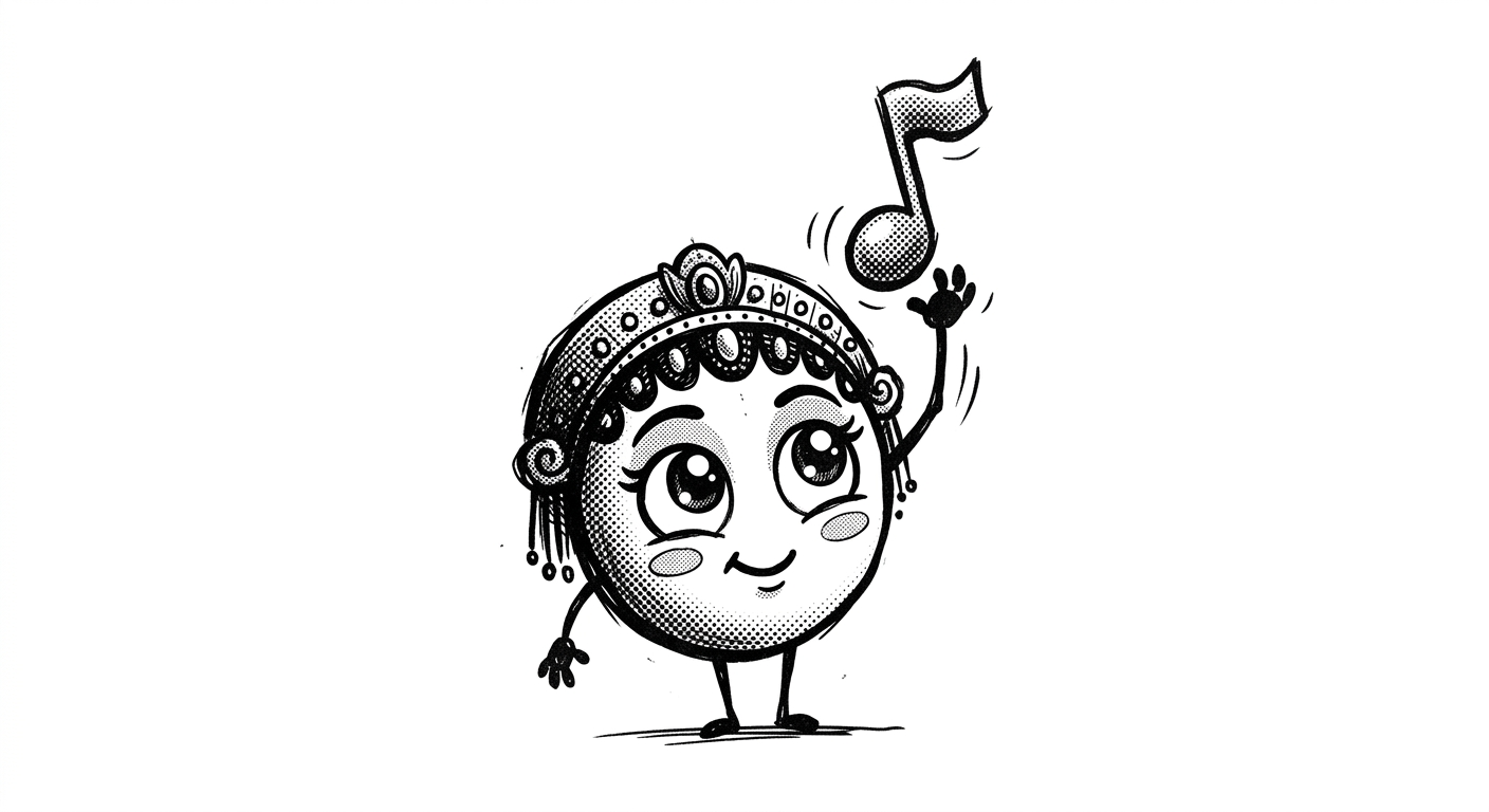 Illustrated character wearing a jeweled tiara, waving next to a floating musical note, drawn in black ink halftone style