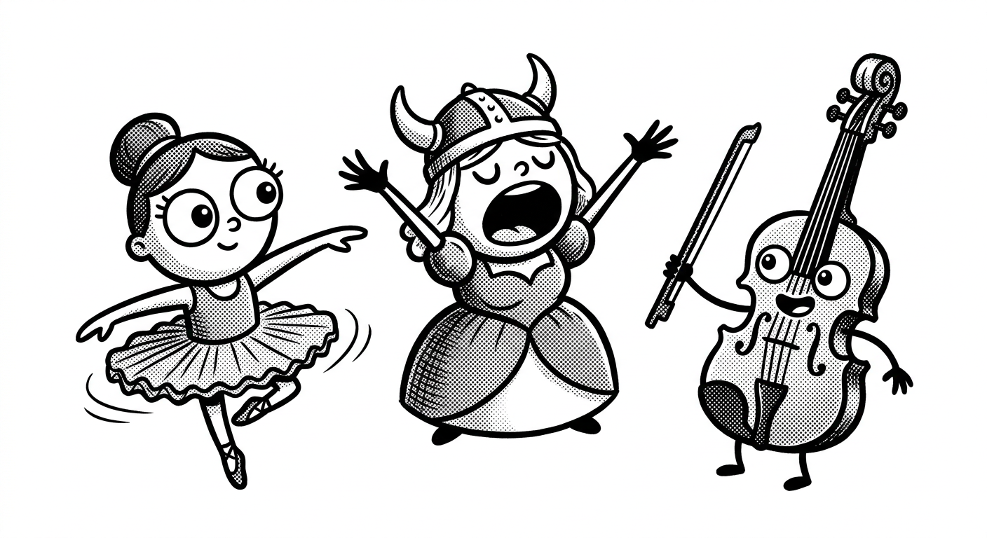 Illustrated opera singer, ballet dancer and violin character holding their arms up, drawn in black ink halftone style